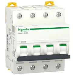 Interrupteur Magnétothermique Schneider 4P 50A 10KA D 4 Modules A9F85450