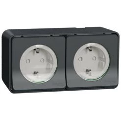 SCHNEIDER Mureva Styl - Double PC 2P+T Schuko Précâblée Horiz - Saillie - IP55 IK08 - Gris (MUR36029)